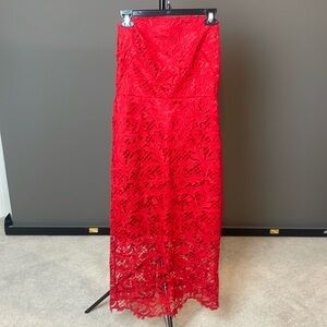 Red lace strapless dress